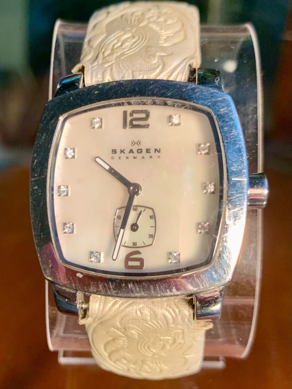 Skagen Women's Silver Case Watch with Cream Embossed Leather Strap